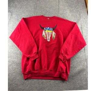 Port and Company Red Steer Skull Patriotic Embroidered Sweatshirt XL Western USA